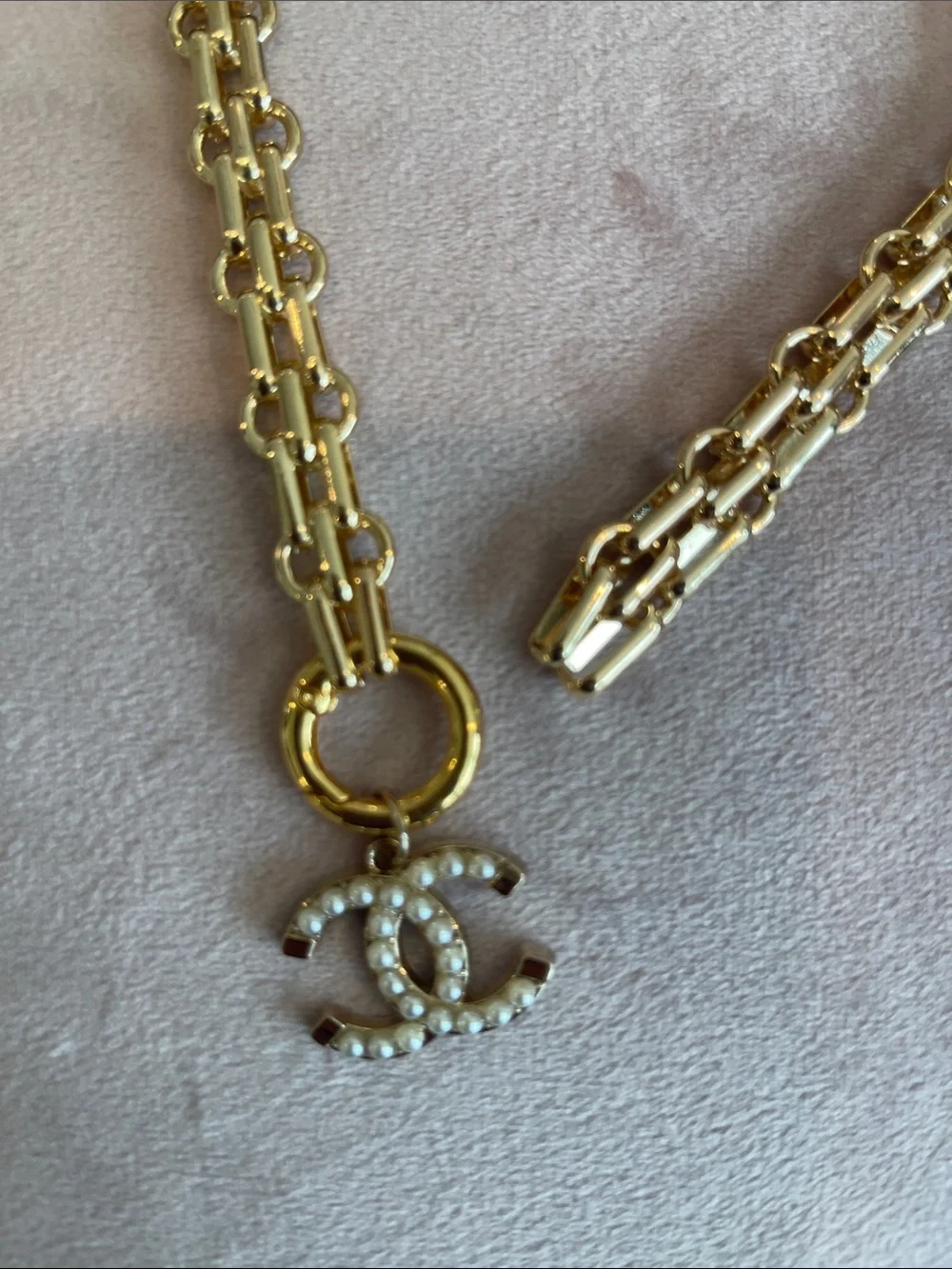 CHANEL Gold and Pearl CC Charm And Double Chain Necklace